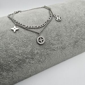 Star Clover Simulated Diamond Dual Chain Charm Bracelet, Stainless Steel